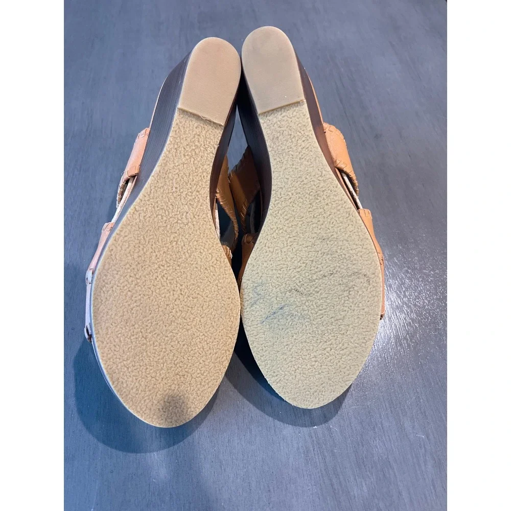 Jack Rogers Womens Tan Leather Whipstitch Wedge Sandals‎ Slides Size 9M Boho